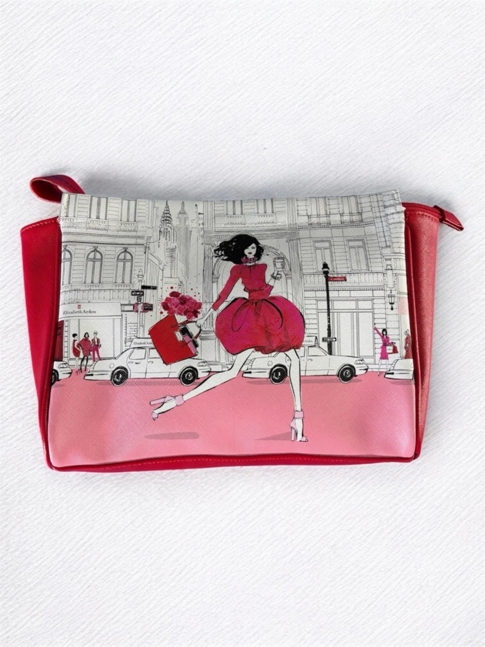 Elizabeth Arden NYC Red & Pink Chic Illustrated Makeup Bag with Zipper Pull
